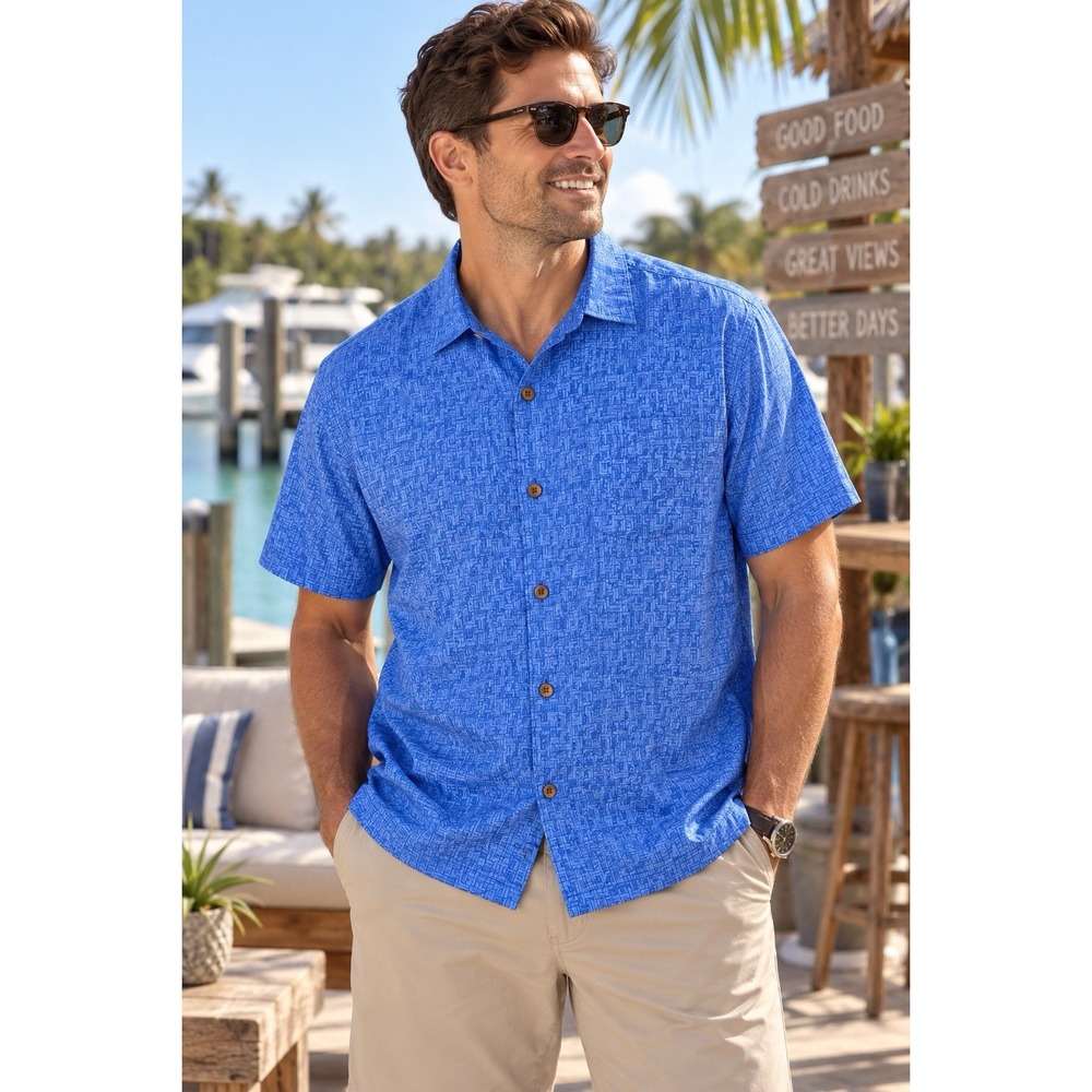 Tommy Bahama Men's XXXL 3XL Blue Geometric 100% Silk Short Sleeve Shirt